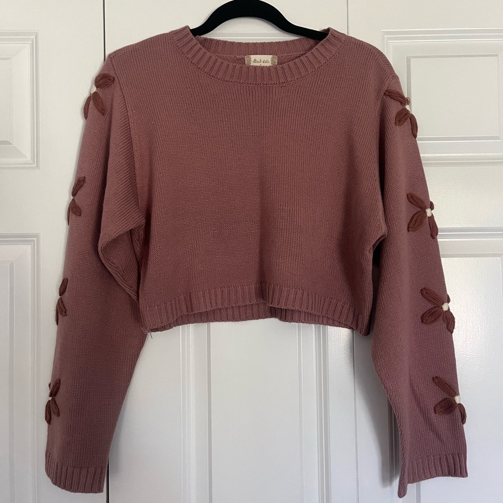 Altar’d State Pink Cropped Sweater with Flowers on the Sleeve